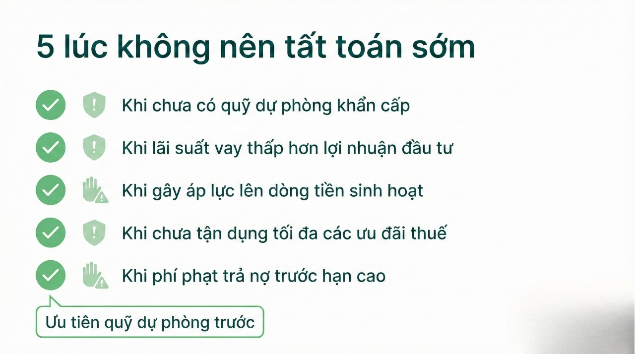 Checklist 5 trường hợp kh&ocirc;ng n&ecirc;n tất to&aacute;n sớm vay mua nh&agrave; như thiếu quỹ dự ph&ograve;ng, c&ograve;n nợ l&atilde;i cao hoặc sắp cần tiền cho việc lớn.